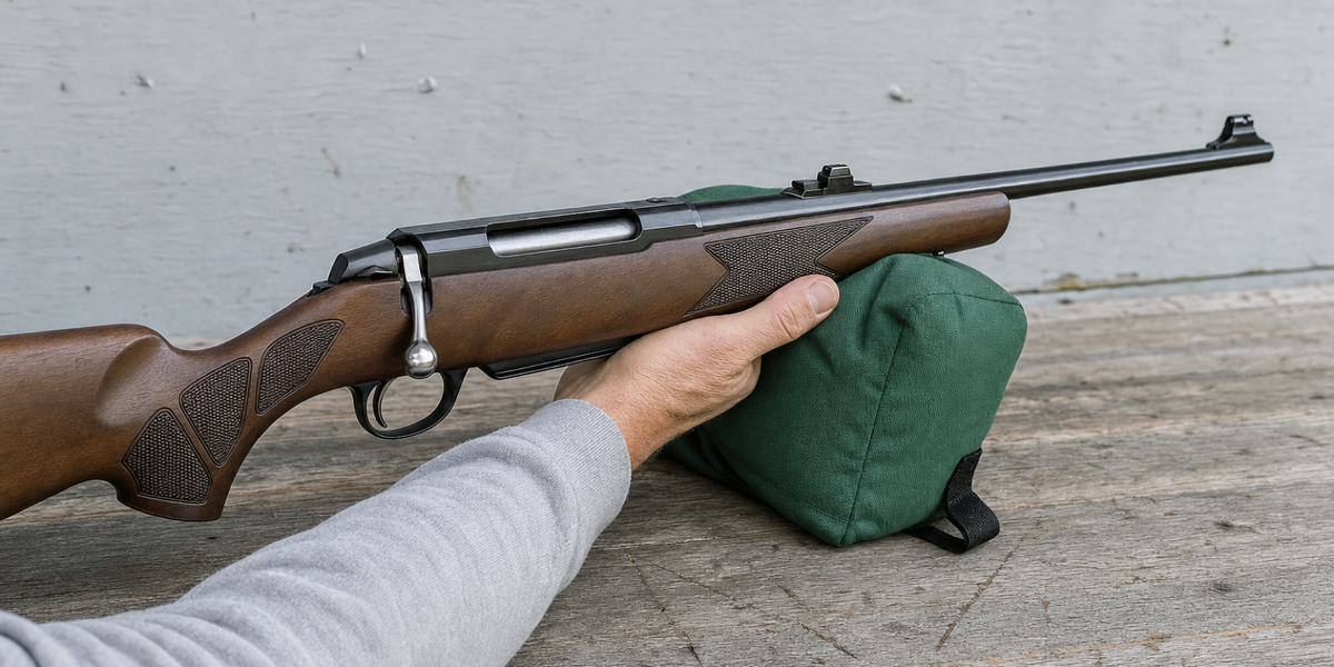 Generated photograph of a supported unscoped hunting rifle with front and rear iron sights and a hand beneath the foreend.