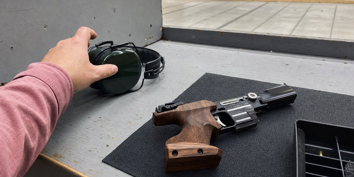 Generated photograph of a supported sport target pistol and a rose-sleeved hand reaching for hearing protection at a club bench.