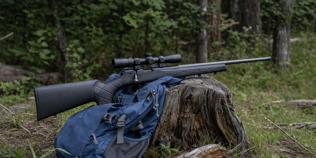 Generated photograph of a scoped rimfire rifle resting on a blue daypack beside a weathered stump in a wooded practice area.
