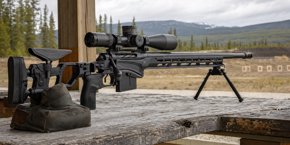 An unbranded modern precision rifle rests on a Canadian outdoor range bench before a session.