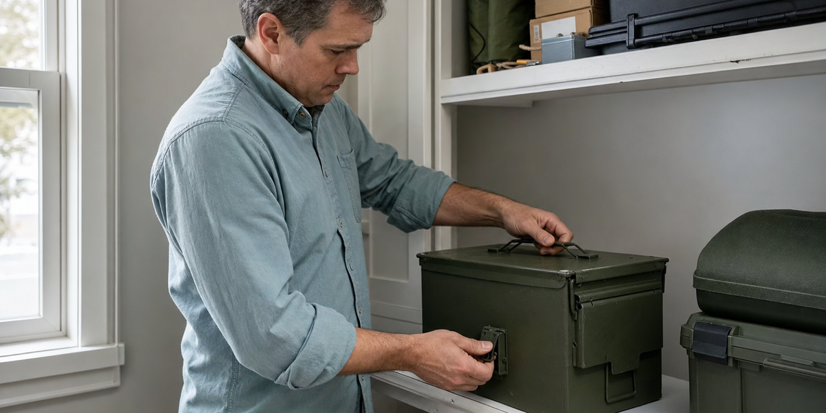 Generated photograph of an owner closing an ammunition storage container on an indoor shelf.