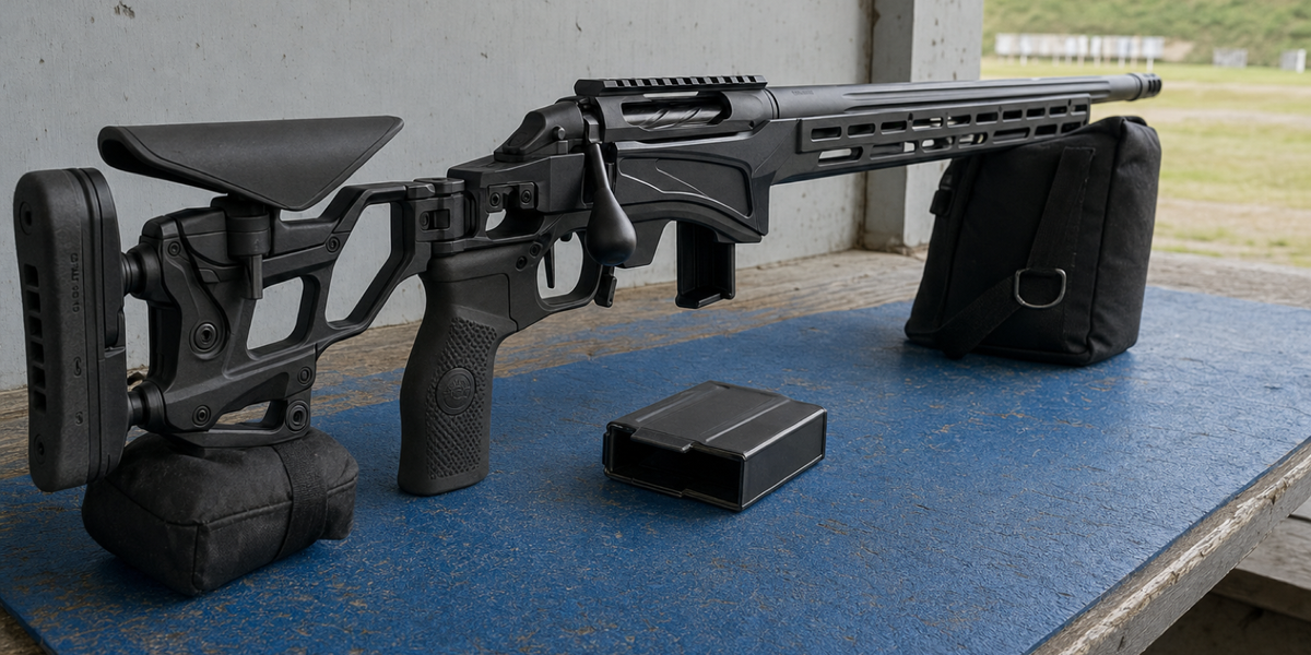 A detached box magazine beside a supported unbranded precision bolt-action rifle on a worn club bench.