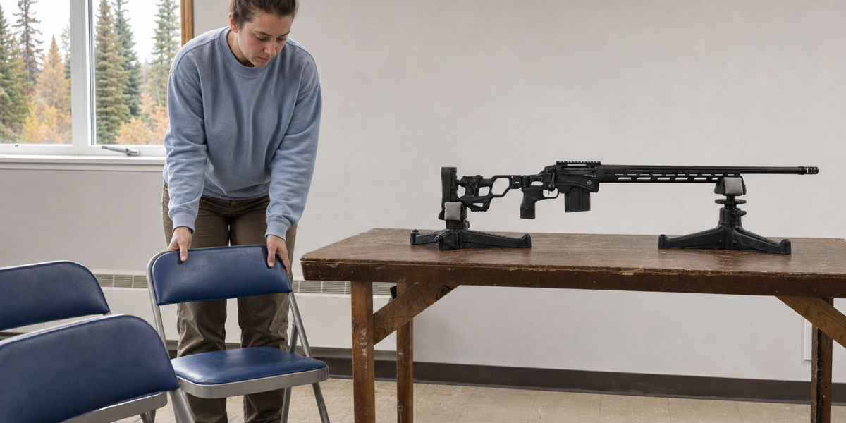 A volunteer arranges chairs in a community course room beside a supported unbranded bolt-action rifle.