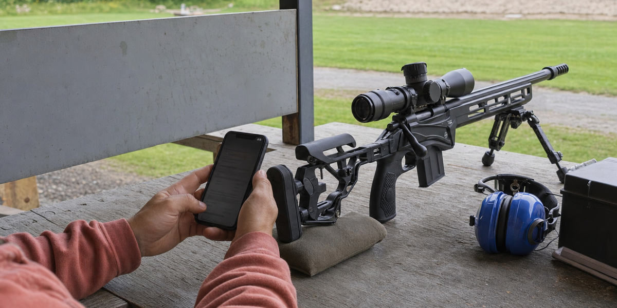 Illustrative generated photograph of an owner reading a phone beside a supported rifle at a club bench.