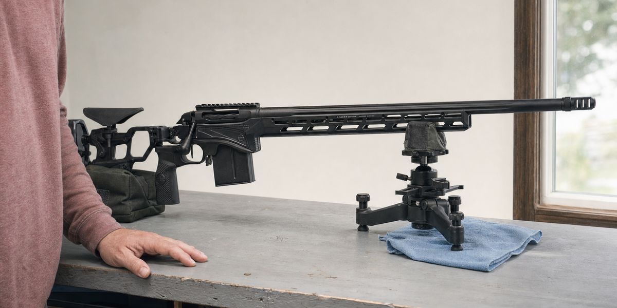 A supported modern chassis bolt-action rifle on a home workbench beside a partially visible owner.
