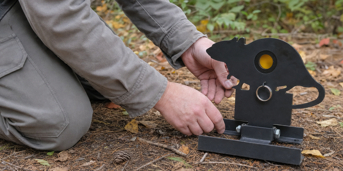 Illustrative generated photograph of a course marshal inspecting a resettable field target in a wooded clearing.
