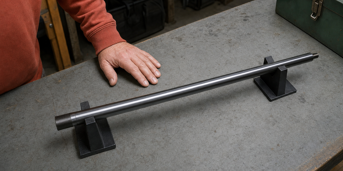 Generated illustration of a detached rifle barrel on a workbench beside an owner's hand.