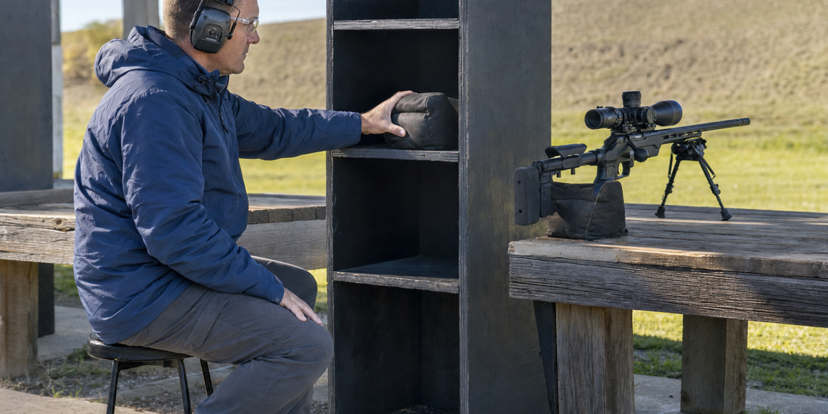 Generated seated bag placement with supported rimfire rifle.
