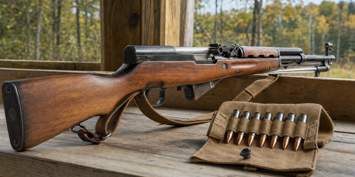 Wood-stock SKS receiver beside a small canvas cartridge wallet on a pale timber shelf outdoors.