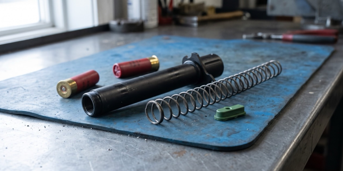 A black tube extension, loose steel spring, green follower and red shotshells on a blue mat over a grey workshop bench.