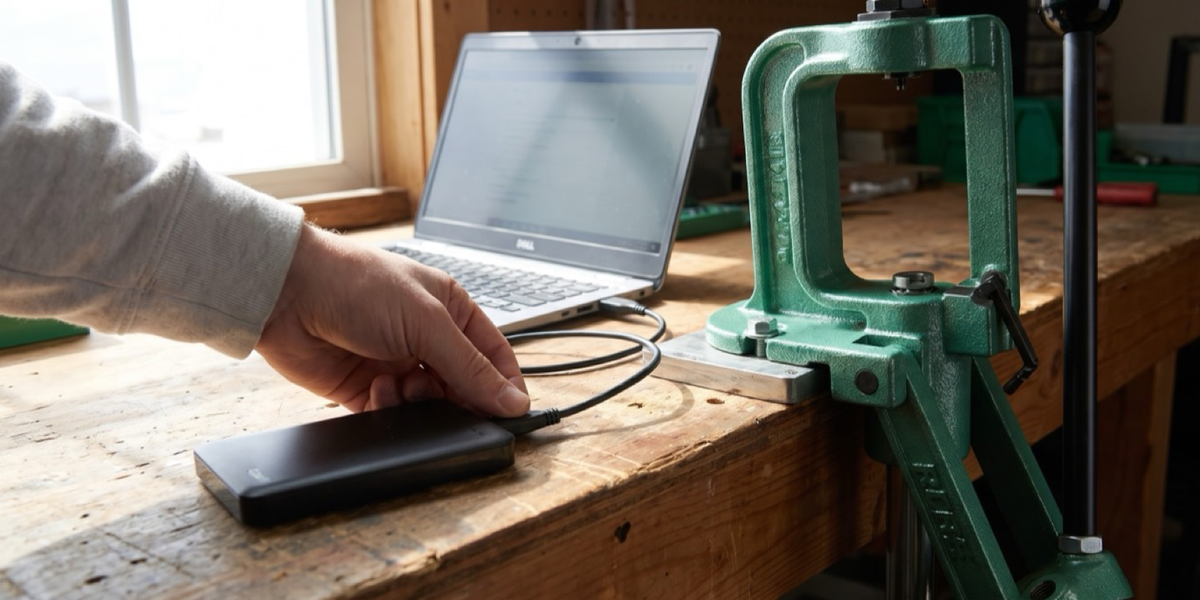 A hand connects a portable drive to a laptop beside a green single-stage reloading press.