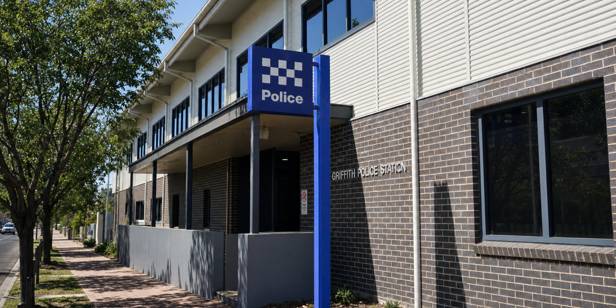 Two-storey Griffith Police Station frontage with a dark brick base, pale metal upper storey, windows, and a blue Police sign.