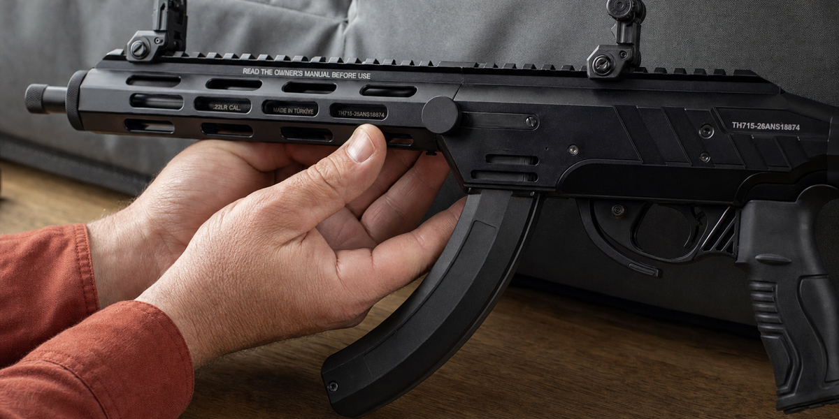 Black Adler Gen2 takedown control and connected fore-end above a supporting hand.