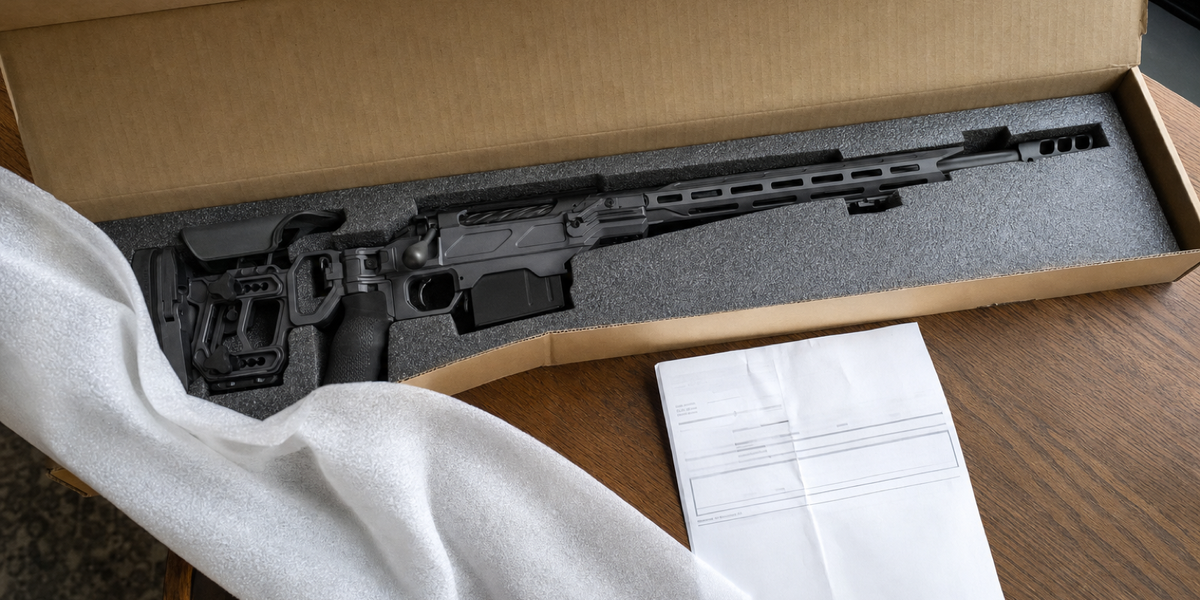 An unbranded chassis rifle receiver exposed in an opened shipping carton, with protective foam pulled back and a delivery note alongside.