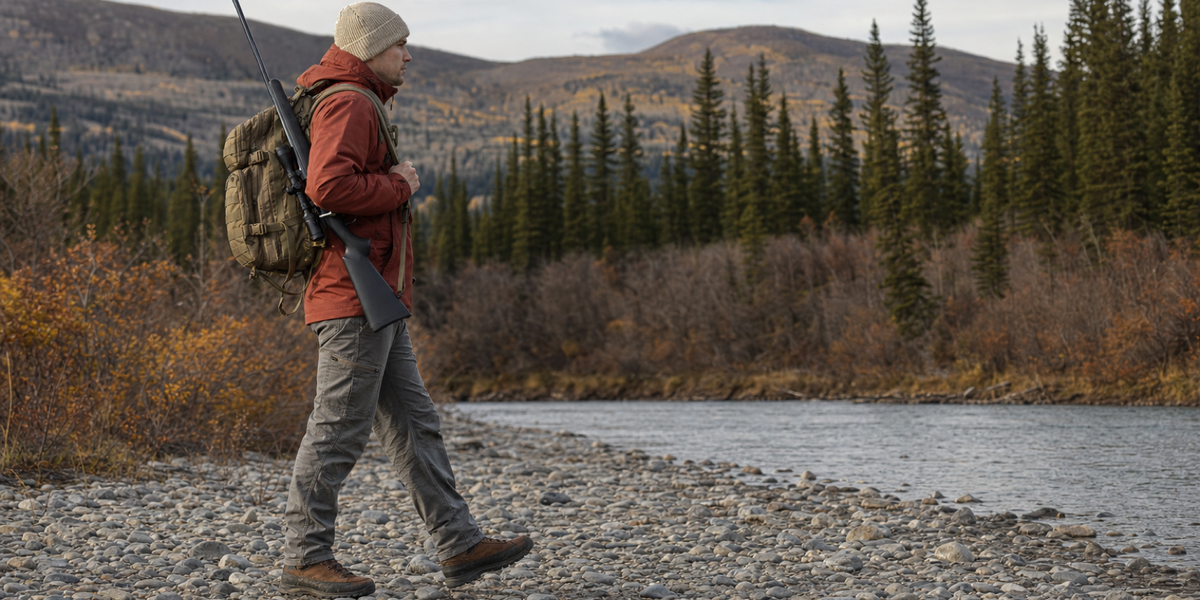 Hunter with a slung rifle and pack walking river gravel below spruce foothills.