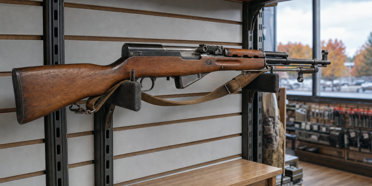 A wooden-stock SKS rests horizontally on wall supports, with window light across its receiver and fixed magazine.
