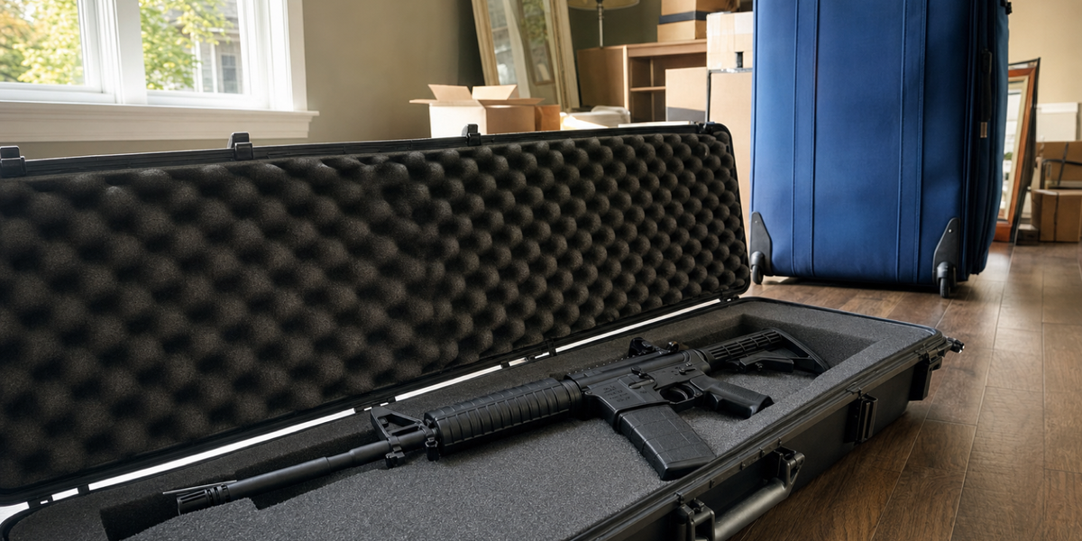 Generated illustrative photograph of an AR-pattern rifle in an open case beside travel luggage at home.