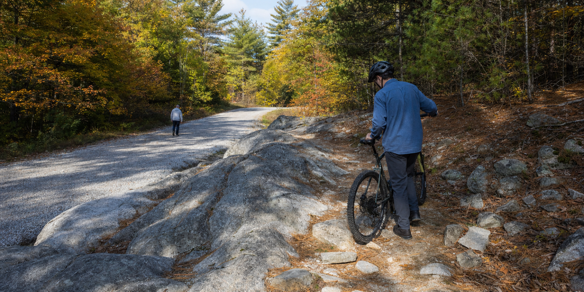 A cyclist walks a mountain bike along a rocky trail beside a gravel track, with a walker farther along the bend.