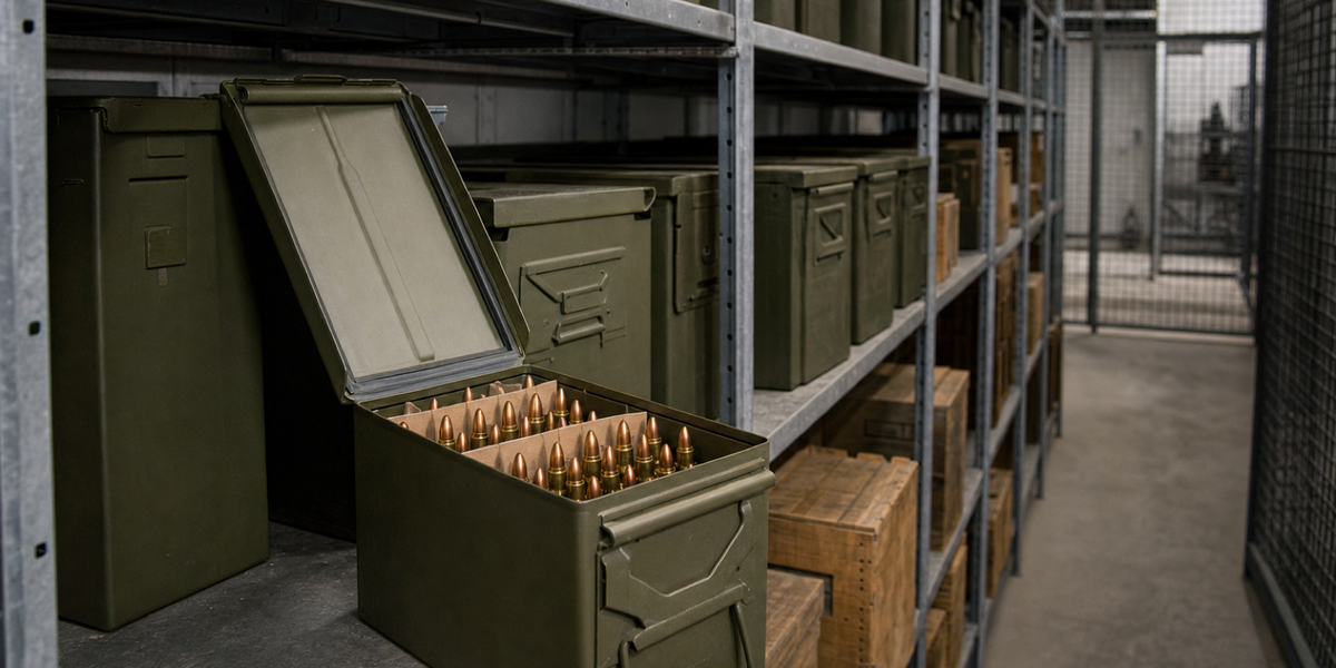 An open olive ammunition can with brass cartridges on a steel shelf, with closed containers and a mesh enclosure behind.