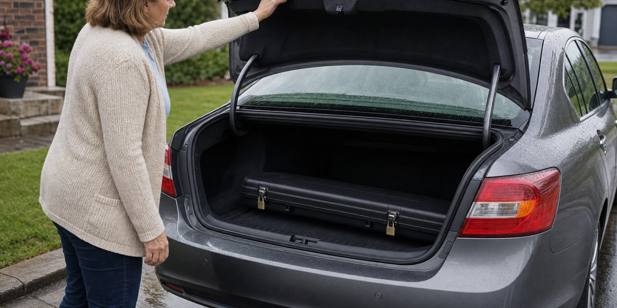 A woman in a light knit cardigan lowers a grey sedan trunk lid over a closed black long case in a wet driveway.