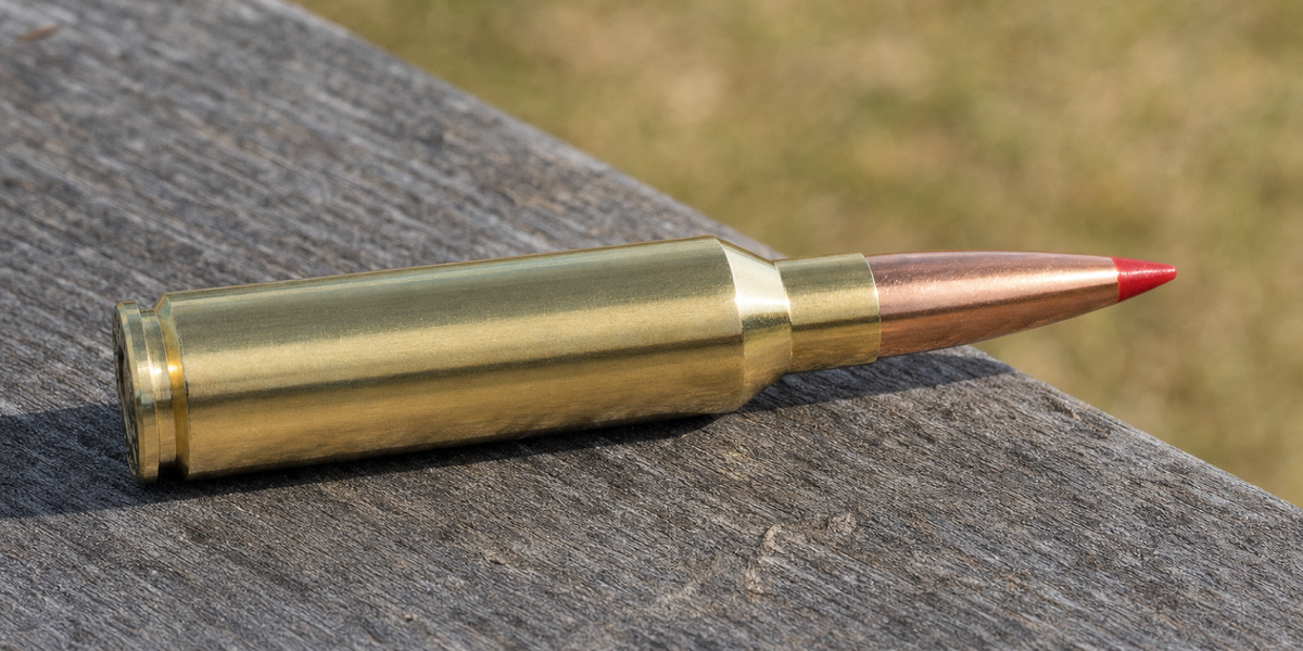 A red-tipped Hornady 6.8 Western cartridge resting on grey timber.