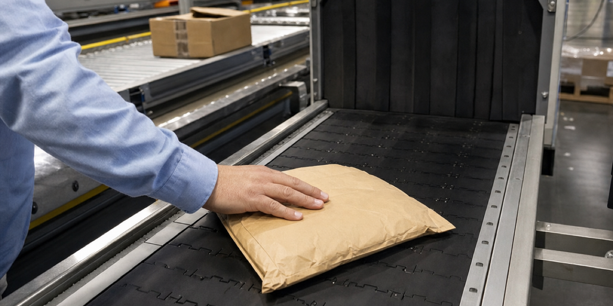 A hand guides a padded mail packet onto a linked conveyor before a screening tunnel in a mail-processing hall.