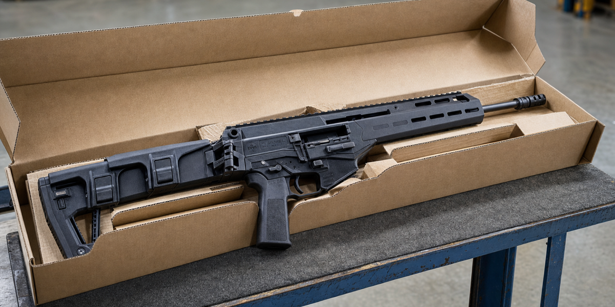 A black Carmel rifle with its stock extended rests in an open cardboard carton on a receiving bench.
