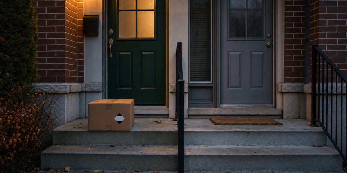 Adjacent townhouse entrances at dusk, with a sealed cardboard parcel bearing a black-and-white diamond mark on one step.