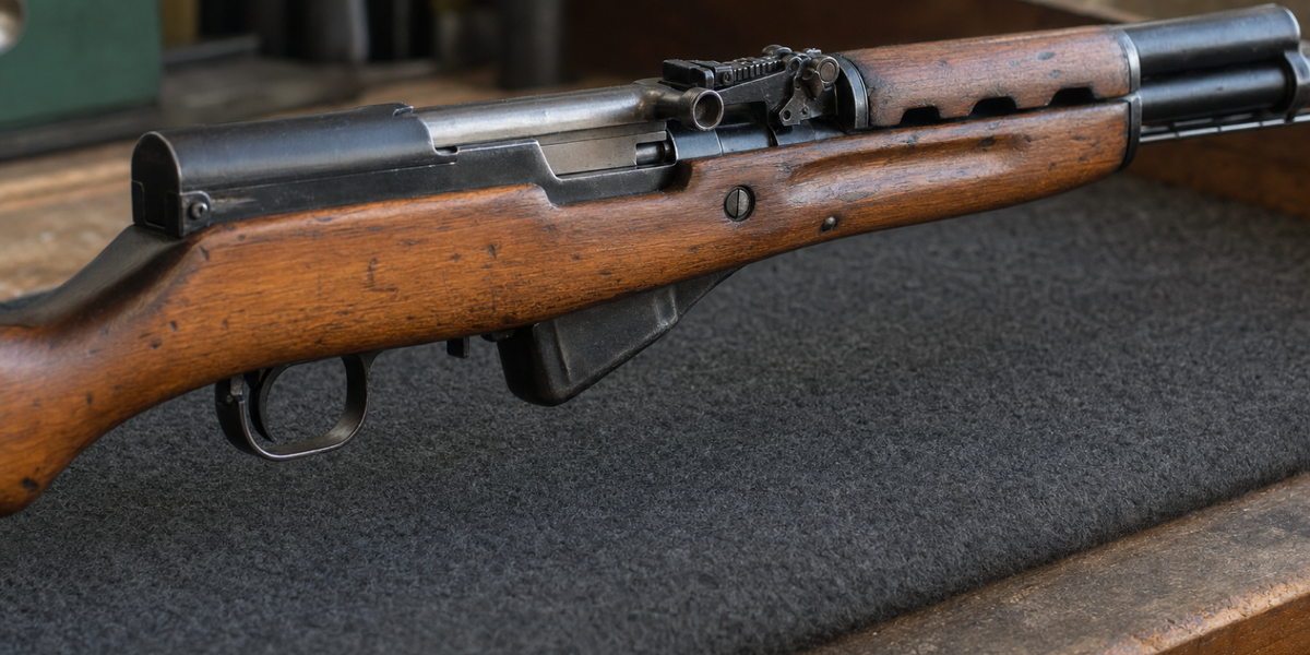 Close right-side view of an SKS receiver and wood stock, with its short fixed magazine immediately ahead of one trigger guard on a charcoal mat.