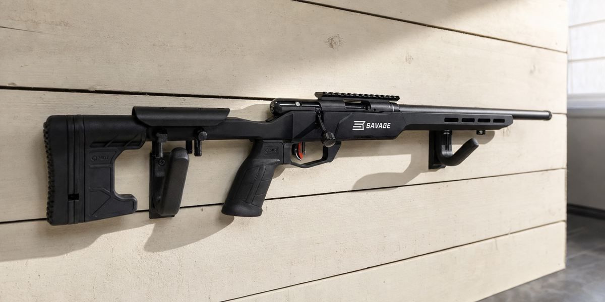 Black Savage B22 Precision on two workshop wall supports, with a machined chassis and daylight shadow.