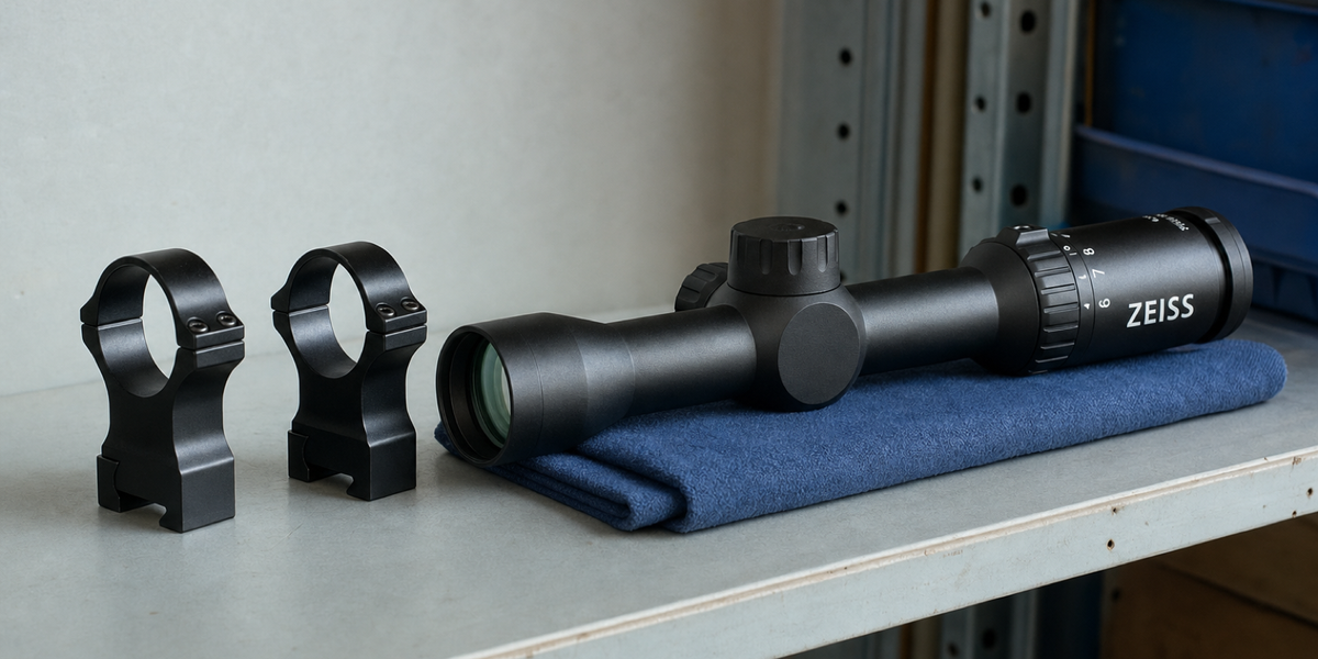 A compact black ZEISS V3 RF scope lies on a blue cloth beside two separate one-inch scope rings on a pale workshop shelf.