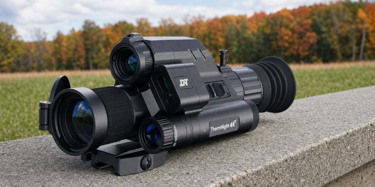 A black DNT ThermNight TNC4K219R rests on an outdoor concrete bench, with distinct front optical apertures and a distant autumn tree line.