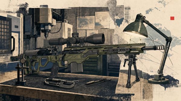 Editorial illustration of a Quebec precision-rifle machine shop, export-control map fragments, and a small Holdover red square register mark.
