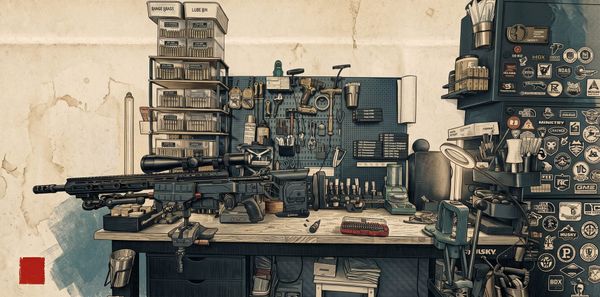 A single-stage reloading press at the corner of a worn wooden workbench, a .338 Lapua case sitting half-resized in the die, brass casings and a digital powder scale visible in the foreground.
