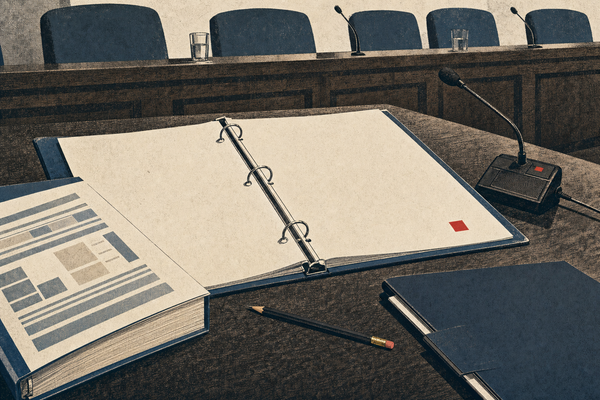 Editorial illustration of an empty federal evidence binder, a public budget ledger, and a red square print mark.