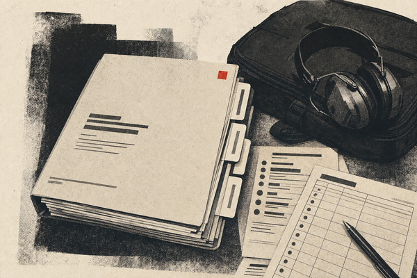 Editorial illustration of a B.C. firearms regulation file, range paperwork, and a red square warning mark.