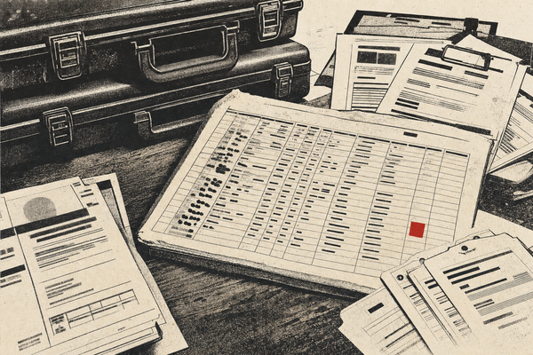 Editorial illustration of a Canadian firearms contest prize ledger, closed cases, PAL paperwork, business donor forms, and a red square register mark.