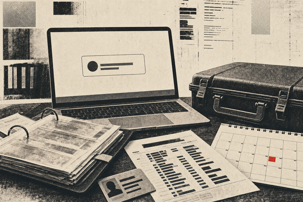 Editorial illustration of a federal compensation portal, receipt binder, closed case, calendar, and red square register mark.