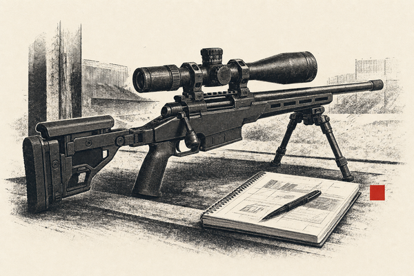 Editorial illustration of a compact black Cadex-style .308 precision rifle with folded stock, Vortex-style optic, bipod, and range notebook on warm cream paper.