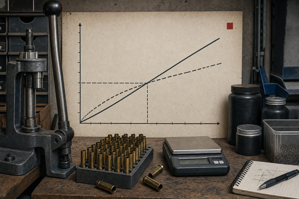 Editorial image of a reloading bench cost calculation with a press, scale, brass, component containers, and a break-even chart.