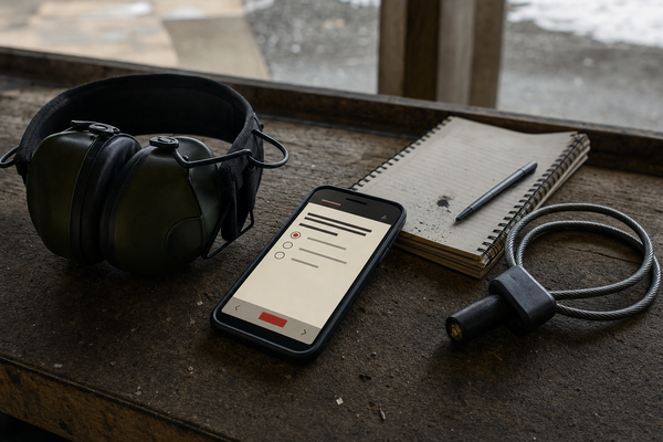 Editorial image of a phone-sized PAL/RPAL quiz interface beside hearing protection, a cable lock, and a range notebook.