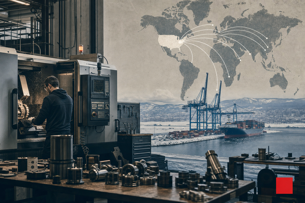 Editorial image of a Quebec precision-manufacturing shop floor connected to cold export-route lines, with a restrained Holdover red square.