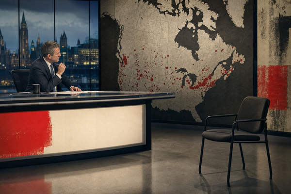 Editorial image of a Canadian public-affairs studio monitor, abstract firearms-compensation map, and an empty chair representing the missing licensed-owner perspective.