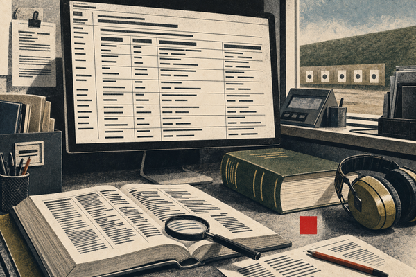 Editorial illustration of a large Firearms Reference Table PDF, Canadian legal books, a range counter, and a red square register mark.