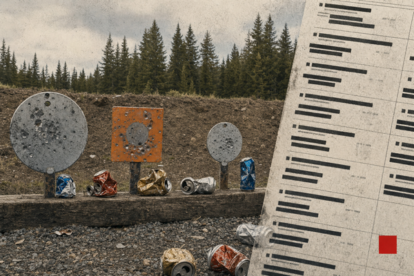 Editorial illustration of a Canadian range backstop with dented pop cans, steel target plates, an abstract ban-list overlay, and a small Holdover red square.