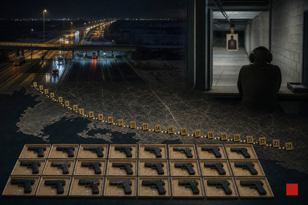 Editorial image of a cross-border trafficking route, numbered evidence markers, and a data-led count of 24 seized handguns contrasted with a quiet licensed-owner range lane.