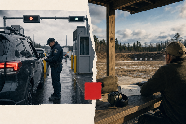 Editorial image contrasting a Canadian border enforcement lane with lawful range culture and a restrained Holdover red square.