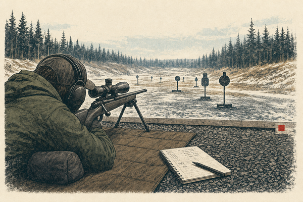 Editorial illustration of a Canadian rimfire precision firing line with a modest .22 setup, steel targets, and a red square print mark.