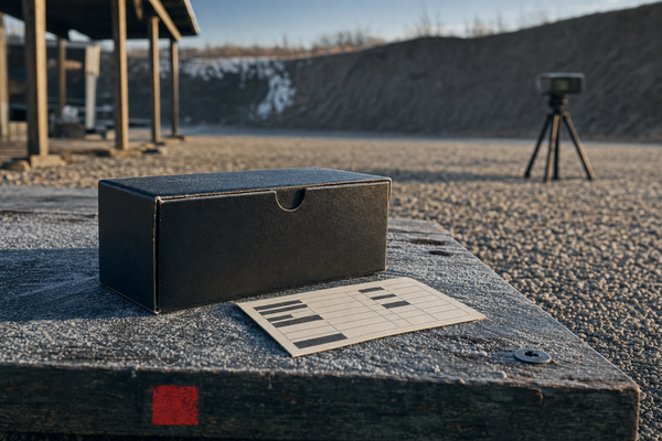 A closed factory match ammunition box at a Canadian range before a first precision season.