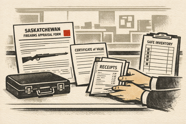 Editorial illustration of a Saskatchewan firearms appraisal document beside a safe inventory, receipts, and a red square register mark.